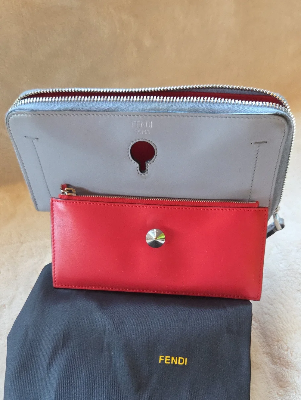 Fendi Light Gray Leather Zip Wallet with Coral Accent Button